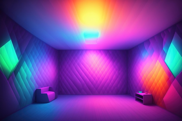 Una habitación con suelo morado y una luz de colores en la pared.