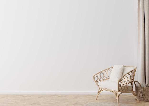 Habitación con suelo de parquet, pared blanca y espacio vacío. Cesta de sillón de mimbre Interior simulado Espacio de copia libre para la decoración de muebles y otros objetos Representación 3D