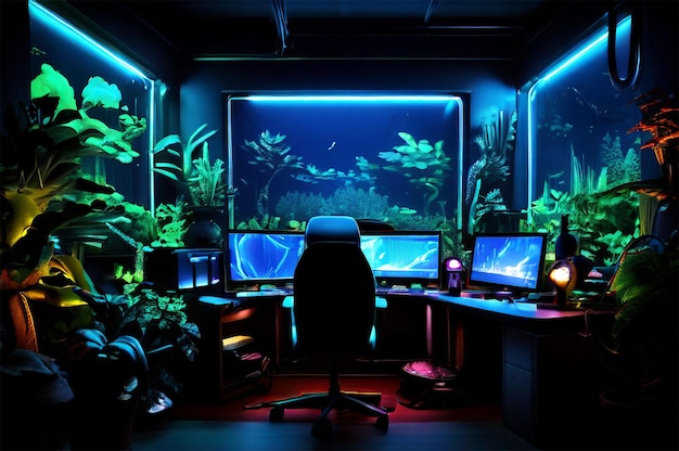 una habitación con un tanque de peces y dos monitores y un tanque para peces
