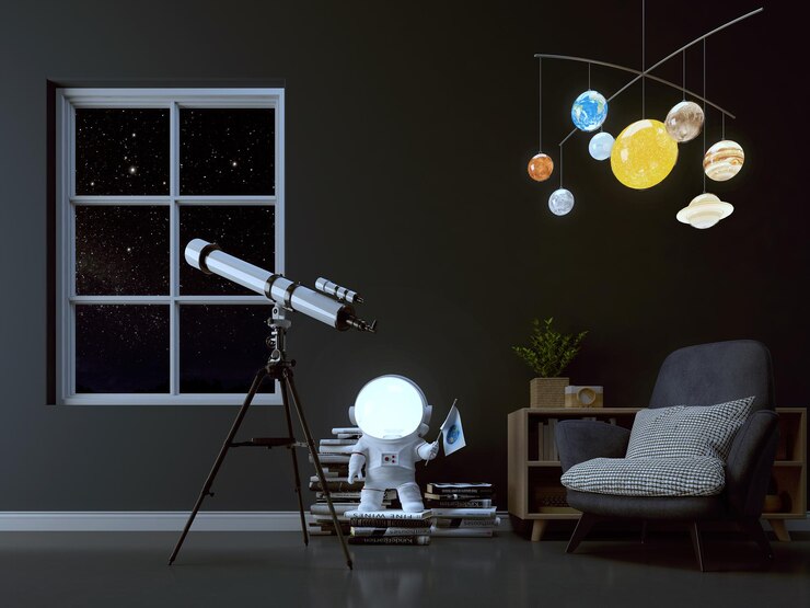Habitación con telescopio en la ventana Interior de escena nocturna con lámpara de astronauta y planeta