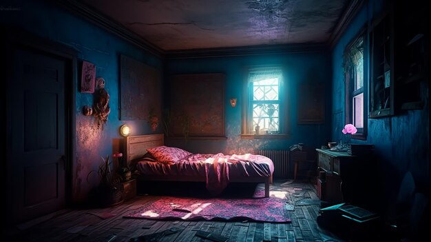 Foto habitación de terror abundante en luces de neón con luces naturales que vienen de la ventana