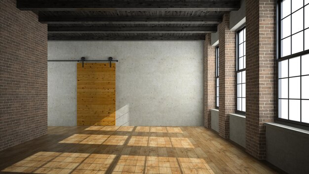 Habitación tipo loft vacía con renderizado 3D de puerta de madera