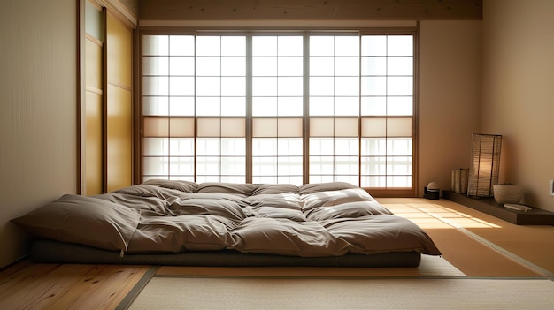 Una habitación tradicional japonesa con un futón en las alfombras tatami La habitación está iluminada por la luz del sol que pasa a través de las pantallas shoji