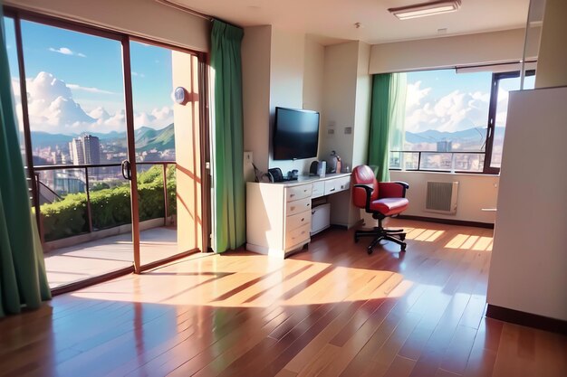 Una habitación con tv y balcón con vista a las montañas.