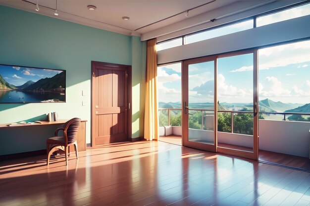 Una habitación con tv y un gran ventanal con vista a las montañas.