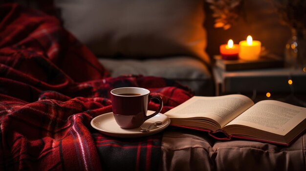 Una habitación vacía adornada con una cubierta acogedora, una taza de café y un libro.