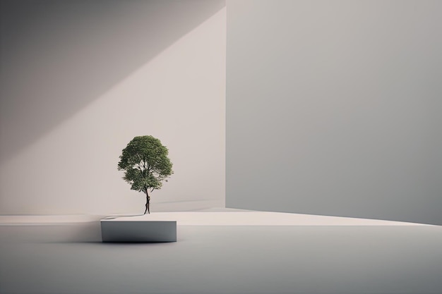 habitación vacía con árbol y piso de concreto ilustración 3 d simulacro para su diseño pared de concreto blanco