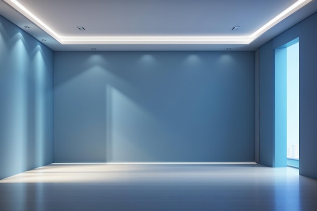 Habitación vacía en azul con luz de la ventana en renderización 3D