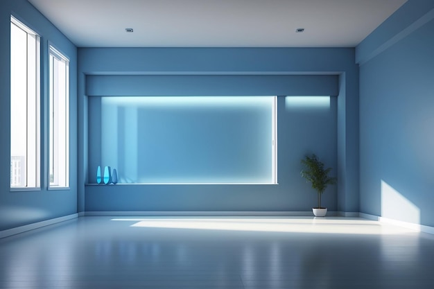 Habitación vacía en azul con luz de la ventana en renderización 3D