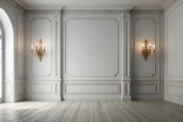 Habitación vacía blanca con molduras de estuco y sconces estilo interior clásico