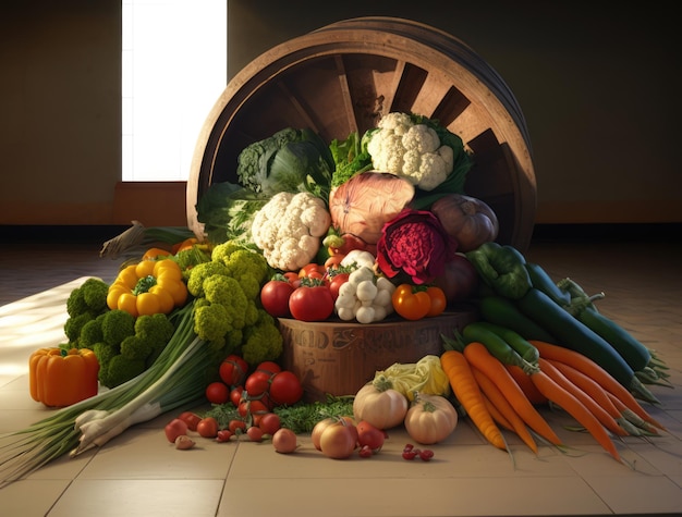 Habitación vacía con canasta de verduras y frutas en el piso sobre la ventana usando tecnología generativa de inteligencia artificial