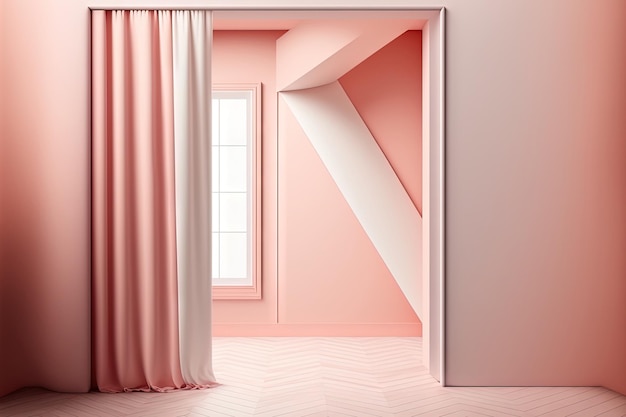 Una habitación vacía de coral y rosa con una pared en blanco, una alfombra y una cortina.