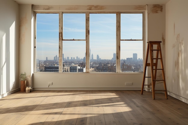 habitación vacía con una escalera de madera y una vista panorámica de la ciudad