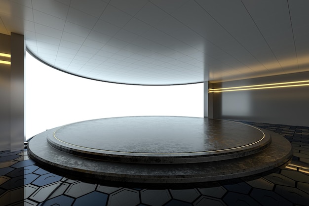 Habitación vacía con escenario redondo en el centro renderizado 3d