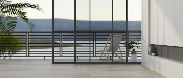 Una habitación vacía de estilo interior moderno y contemporáneo con una silla de playa en un balcón