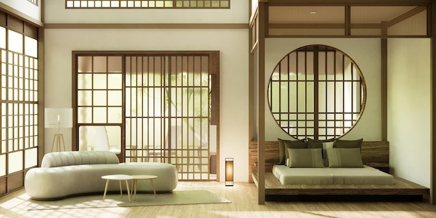 Habitación vacía de estilo japonés decorada con cama de madera, pared blanca y pared de madera.