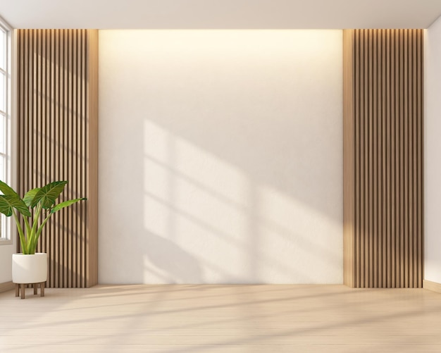 Habitación vacía de estilo japonés decorada con paredes blancas y paredes de listones de madera en 3d.