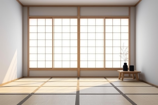 Habitación vacía de estilo japonés con tapete de tatami en el suelo de madera generada por IA