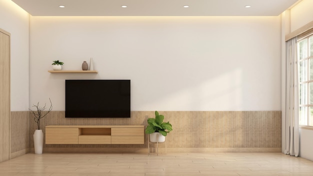 Habitación vacía de estilo minimalista decorada con gabinete de tv renderizado 3d