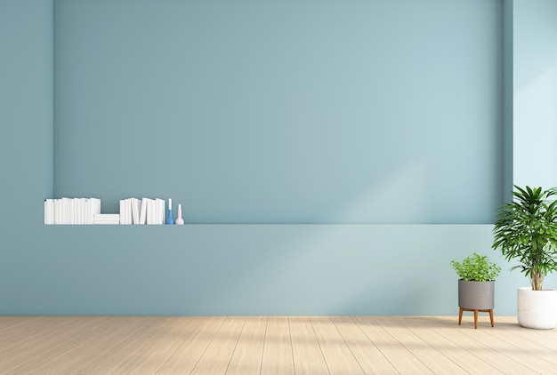 Habitación vacía de estilo minimalista con pared azul claro y piso de madera 3d renderizado