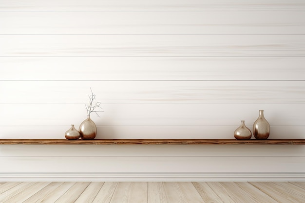 Habitación vacía de estilo vintage 3d render pared de tablones de madera blanca decorada con estantes de madera