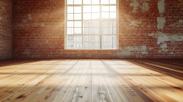 Habitación vacía con gran ventana en estilo loft piso de madera y pared de ladrillo en un moderno en IA generativa