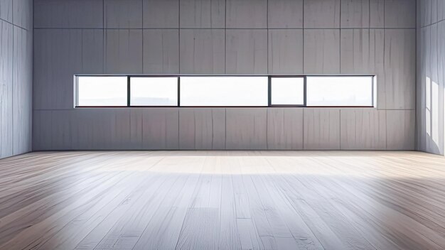 Habitación vacía gris brillantemente iluminada con reflejos en las paredes de hormigón y el piso de madera