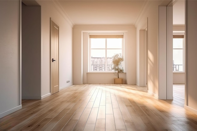 Habitación vacía en un interior limpio y luminoso Habitación blanca vacía con piso de madera Generar Ai