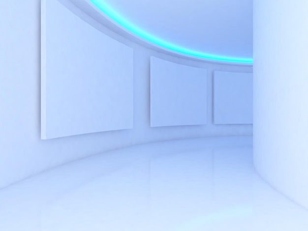 Habitación vacía con lienzo blanco sobre una pared curva luz azul en la galería