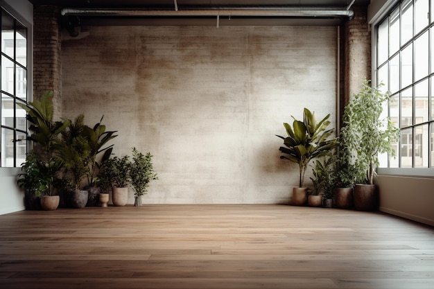 Habitación vacía de loft moderno y contemporáneo con plantas en suelo de madera