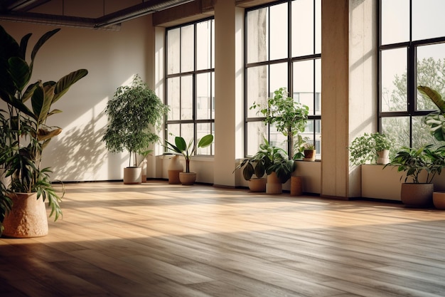 Habitación vacía de loft moderno y contemporáneo con plantas en suelo de madera