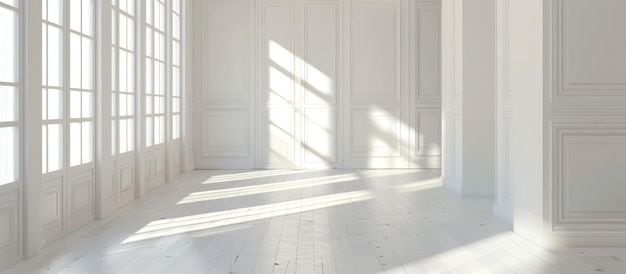 Habitación vacía y luminosa con paredes blancas y piso laminado en un hogar acogedor