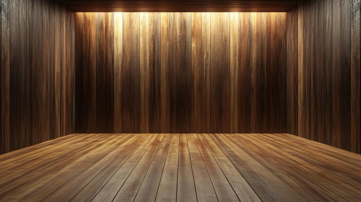 Habitación vacía de madera con paneles de pared y suelo