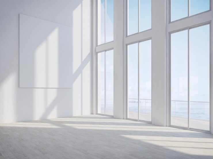 Habitación vacía para maquetas con vista al mar