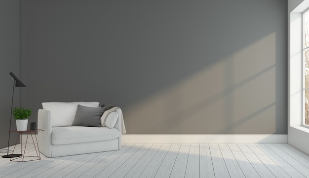 Habitación vacía mínima con sillón y lámpara de pie de pared gris renderizado 3D