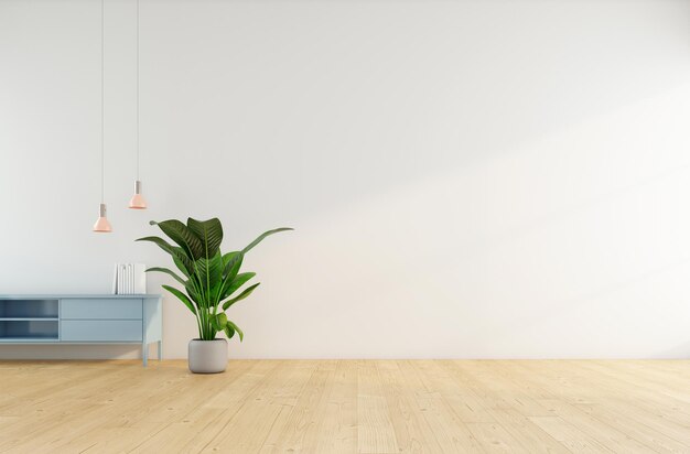 Habitación vacía minimalista con aparador en la pared blanca renderización 3D