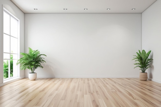 Habitación vacía minimalista con pared blanca y suelo de madera y plantas verdes interiores renderización 3d