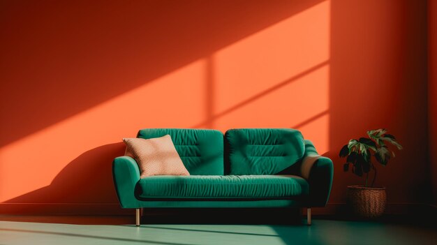 Habitación vacía moderna con sombra de ventana de pared naranja colorida y sofá verde vintage Tiro de estudio