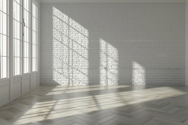 Habitación vacía sin muebles con una pared de ladrillo blanco y suelo de madera