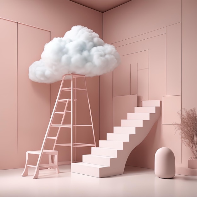 habitación vacía con nube rosa y escaleras de madera ilustración 3 d representación 3 d habitación vacía con c rosa