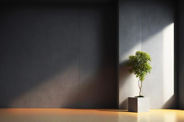 habitación vacía oscura con planta en maceta sobre pared de hormigón y fondo de suelo de madera, representación 3d en mini