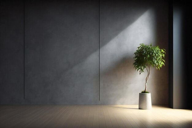 habitación vacía oscura con planta en maceta sobre pared de hormigón y fondo de suelo de madera, representación 3d en mini