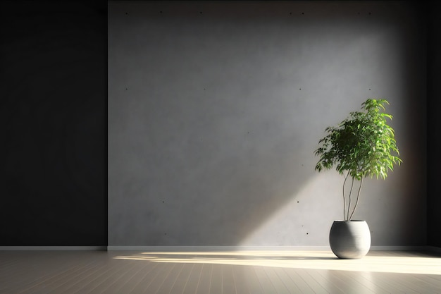 habitación vacía oscura con planta en maceta sobre pared de hormigón y fondo de suelo de madera, representación 3d en mini