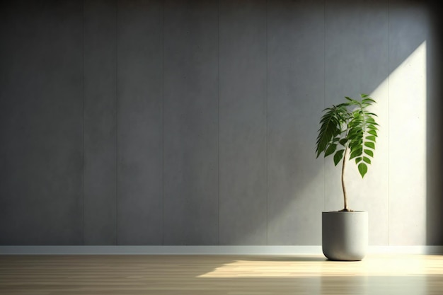 habitación vacía oscura con planta en maceta sobre pared de hormigón y fondo de suelo de madera, representación 3d en mini