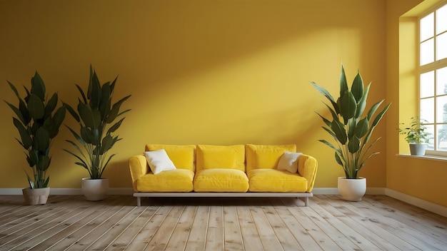 Una habitación vacía de pared amarilla con plantas en un piso de madera renderización 3D