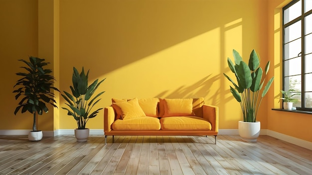 Una habitación vacía de pared amarilla con plantas en un piso de madera renderización 3D
