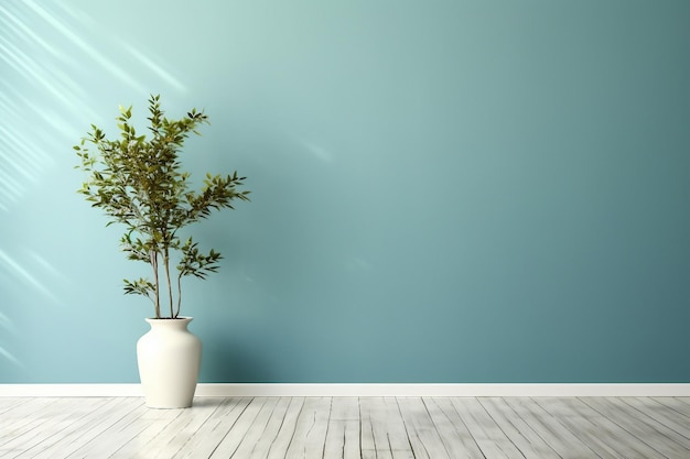 habitación vacía de pared azul con planta verde en jarrón