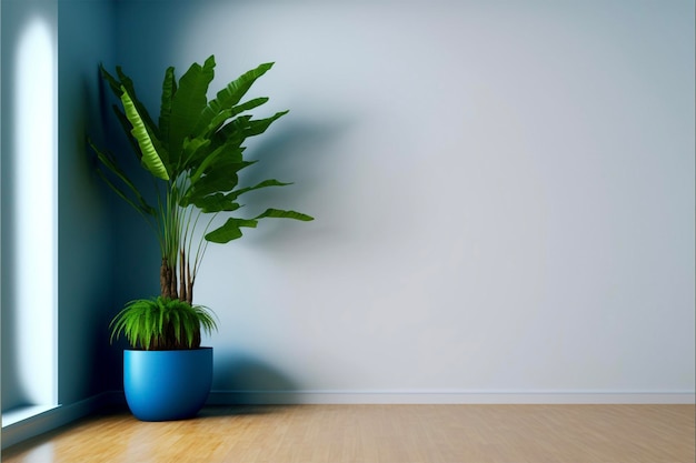 Foto habitación vacía de pared azul con plantas en el suelo