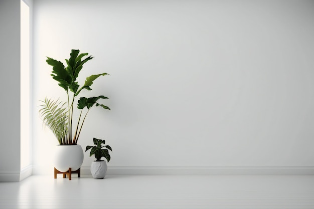 habitación vacía de pared blanca con plantas en el suelo, representación 3d en estilo minimalista