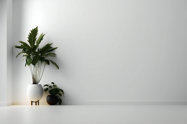 habitación vacía de pared blanca con plantas en el suelo, representación 3d en estilo minimalista